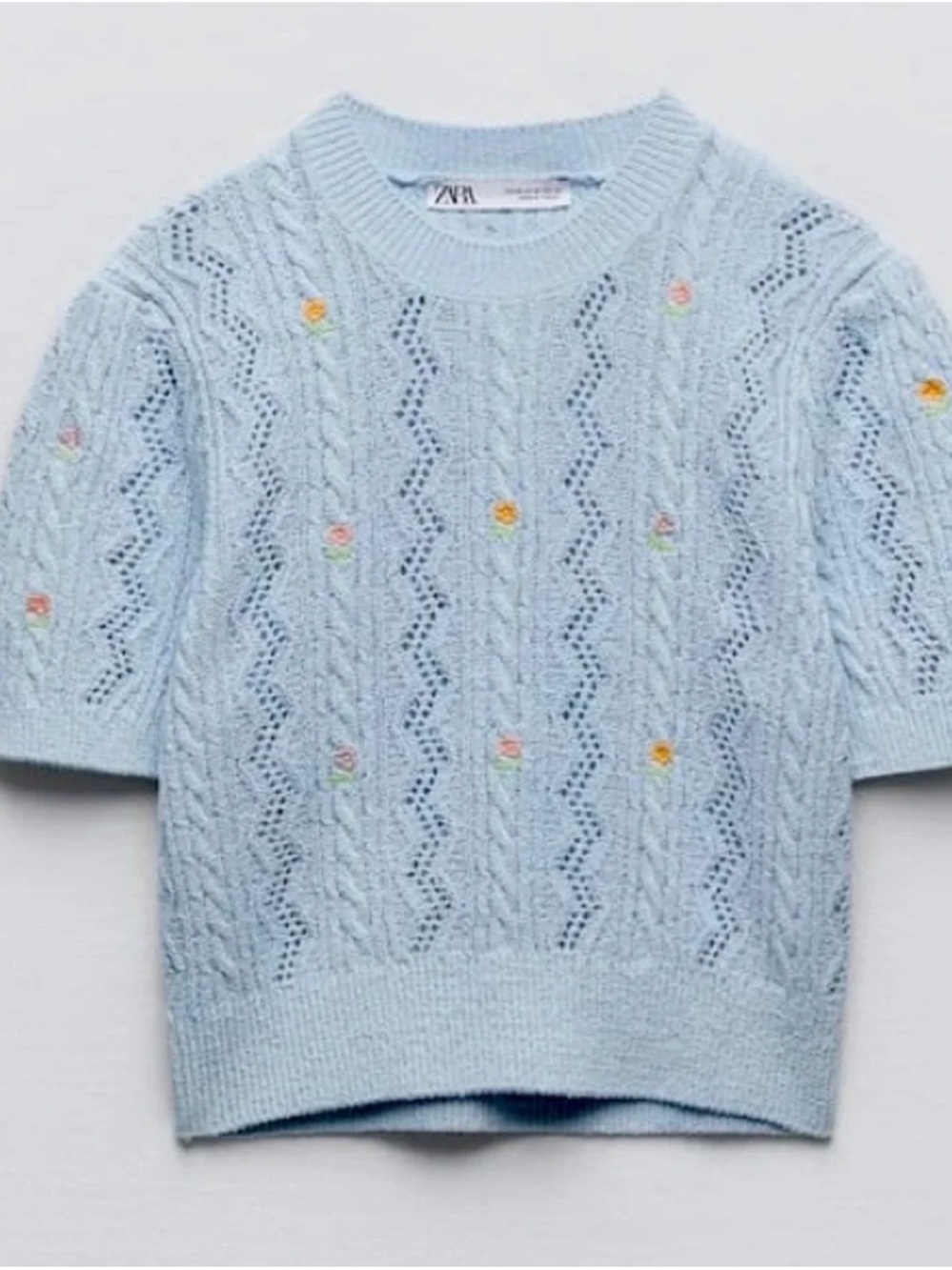 Zara Pale Blue Cropped Cable Knit Sweater with Pastel Floral Dots